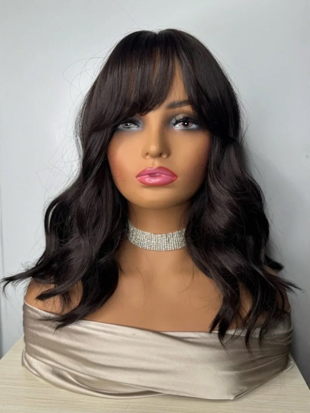 14” Dark Brown Wavy Synthetic Wig with Bangs – Natural Look, Classic Cap